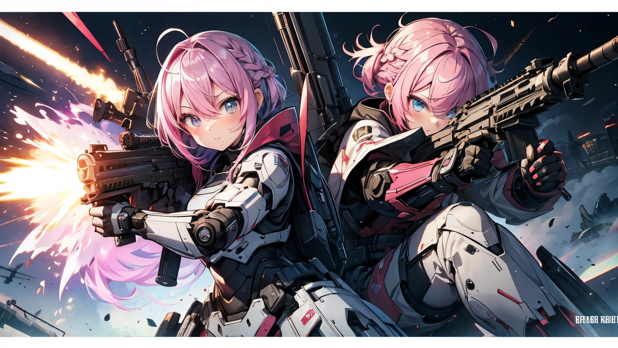 Girl、cute、soldier、Heavy equipment、rifle、gun、Rocket Launcher、Heavily armed、Mecha body、Strengthen the outer frame、Random cool poses、Pink Hair、Bob Hair、Braid、Big eyes、Close your mouth、battlefield、Exploding Background、Beautiful depiction、gun弾が飛び交う、Near future、Body Armor、shield