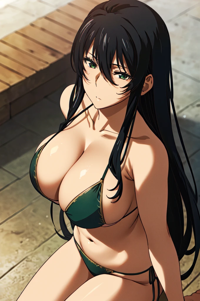 AK, black long hair, slight smile, ((mini bikini)), (full body), (masterpiece), (best quality), ultra high res, ultra detailed, detailed eyes, intricate, 1girl, looking at viewer, huge breasts, cleavage, collarbone, ((huge breasts, big hips, tight clothes, cleavage, looking at the viewer)), (abs:0.8), blushed, (realistic:1.2), (realism), (masterpiece:1.2), (best quality), (ultra detailed), (8k, 4k, intricate), (85mm), light particles, lighting, (highly detailed:1.2), (detailed face:1.2), (gradients), colorful, (detailed eyes:1.2), (detailed background), detailed landscape, (dynamic angle:1.2), (rule of third_composition:1.3), (Line of action:1.2), seducing pose,