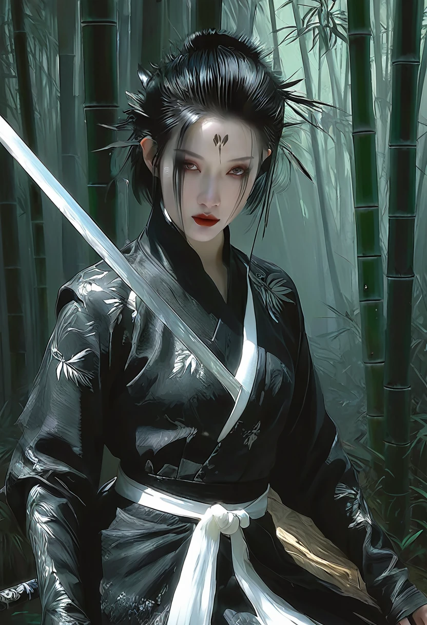 A woman with black hair and white skin, artwork in the style of Gu Weiss, Gu Weiss, the style of WLOP, ross tran and WLOP, Inspired by WLOP, Eve Ventro, in style of WLOP, WLOP and ross tran, Pan Chengwei on artstation, best on WLOP, WLOP |，Long Sword，bamboo forest