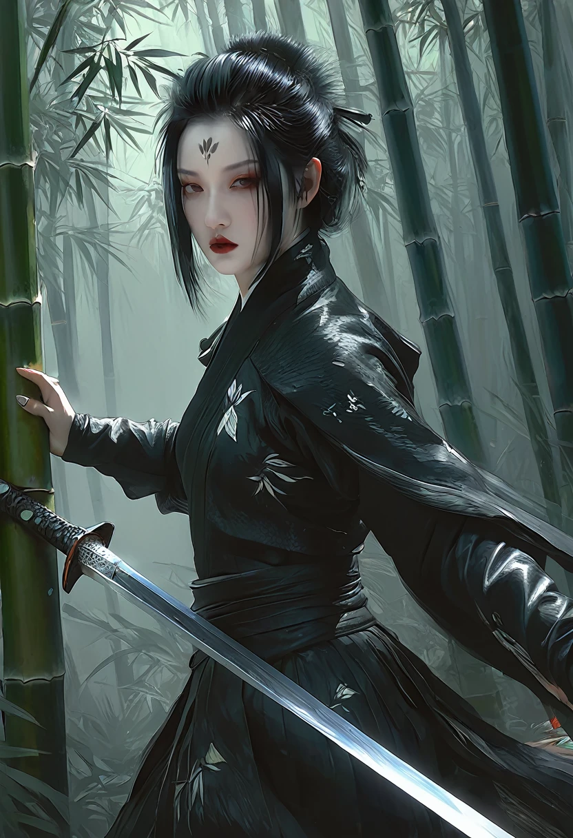 A woman with black hair and white skin, artwork in the style of Gu Weiss, Gu Weiss, the style of WLOP, ross tran and WLOP, Inspired by WLOP, Eve Ventro, in style of WLOP, WLOP and ross tran, Pan Chengwei on artstation, best on WLOP, WLOP |，Long Sword，bamboo forest