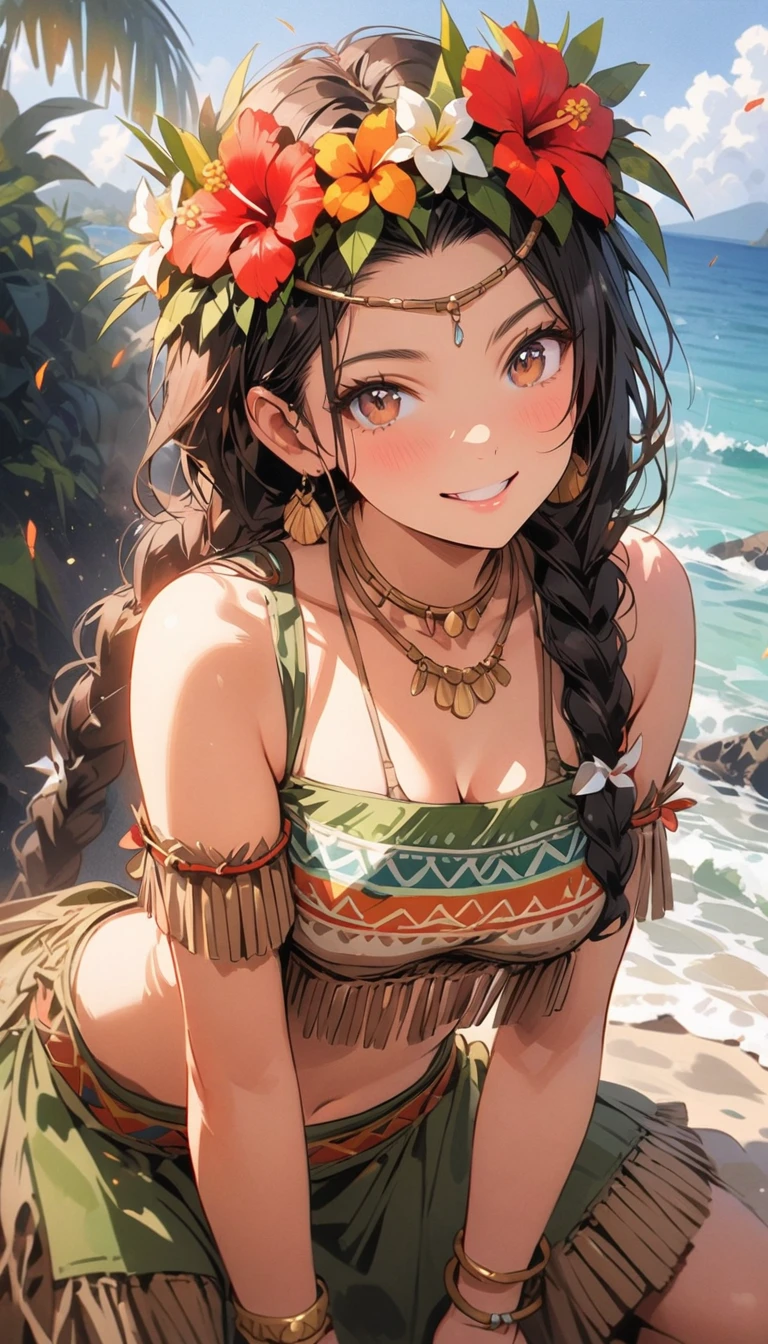1girl, red hair, brown eyes, (highest quality, 8k, 4k, High resolution, masterpiece:1.2), Super detailed, anime style:0.9, photorealistic, Bright colors, Depth of the bounds written, blurred background, cowboy_shot, alone, beautiful face details, beautiful eyes, long eyelashes, soft lips, (small face), (smile:1.3), Rear view, Pose with movement,
BREAK
//Fashions
Polynesian Hula Costume,
Transport yourself to the islands of Polynesia with a traditional hula costume, perfect for festive tribal celebrations, Start with a grass skirt or pareo in natural or vibrant hues, adorned with floral or tribal prints, Pair it with a fitted crop top or bikini top featuring similar motifs for a cohesive look,
BREAK
Accessorize with flower leis worn around your neck and wrists, along with a floral crown or headband, Add shell or bead jewelry, such as necklaces, bracelets, and anklets, to enhance the tropical vibe, Style your hair in loose waves or braids adorned with flowers or tropical foliage, Finish the look with barefoot sandals or flat sandals adorned with flower embellishments, This costume captures the essence of Polynesian culture and the joyous spirit of tribal celebrations like luaus and hula festivals,
BREAK