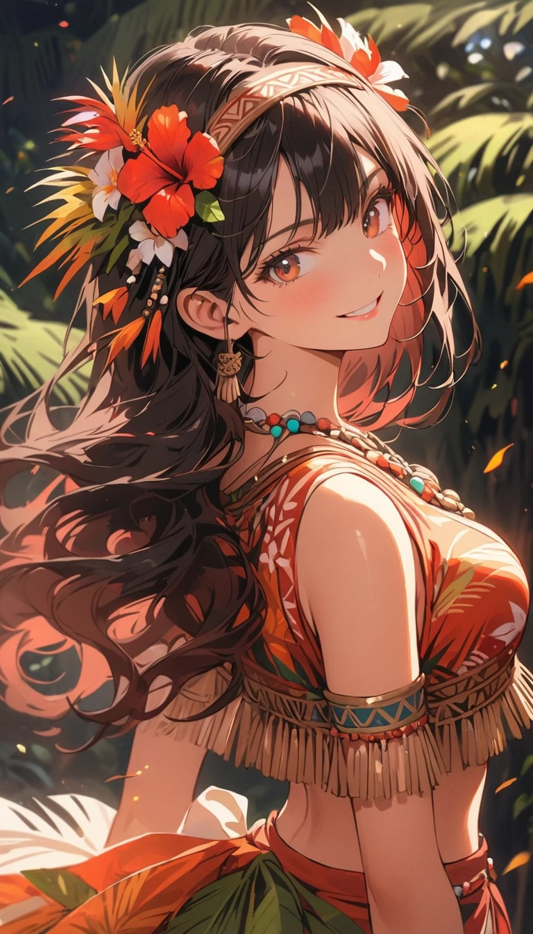 1girl, red hair, brown eyes, (highest quality, 8k, 4k, High resolution, masterpiece:1.2), Super detailed, anime style:0.9, photorealistic, Bright colors, Depth of the bounds written, blurred background, cowboy_shot, alone, beautiful face details, beautiful eyes, long eyelashes, soft lips, (small face), (smile:1.3), Rear view, Pose with movement,
BREAK
//Fashions
Polynesian Hula Costume,
Transport yourself to the islands of Polynesia with a traditional hula costume, perfect for festive tribal celebrations, Start with a grass skirt or pareo in natural or vibrant hues, adorned with floral or tribal prints, Pair it with a fitted crop top or bikini top featuring similar motifs for a cohesive look,
BREAK
Accessorize with flower leis worn around your neck and wrists, along with a floral crown or headband, Add shell or bead jewelry, such as necklaces, bracelets, and anklets, to enhance the tropical vibe, Style your hair in loose waves or braids adorned with flowers or tropical foliage, Finish the look with barefoot sandals or flat sandals adorned with flower embellishments, This costume captures the essence of Polynesian culture and the joyous spirit of tribal celebrations like luaus and hula festivals,
BREAK