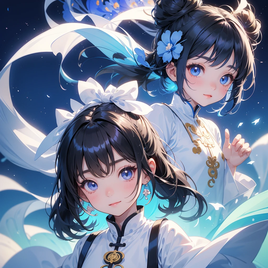 A chibi child girl had a small face and Wearing white little Taoist priest's outfit. A pair of big round eyes shone with curiosity about him. This child was so cute, Strolling among the nemophila fields Glowing blue.
her hair is black with two buns on her hair.small chibi, chibi baby, smiling ,Chibi.