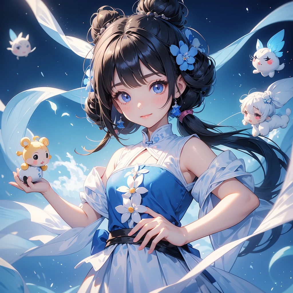 A chibi child girl had a small face and Wearing white little Taoist priest's outfit. A pair of big round eyes shone with curiosity about him. This child was so cute, Strolling among the nemophila fields Glowing blue.

her hair is black with two buns on her hair.small chibi, chibi baby, smiling ,Chibi.

