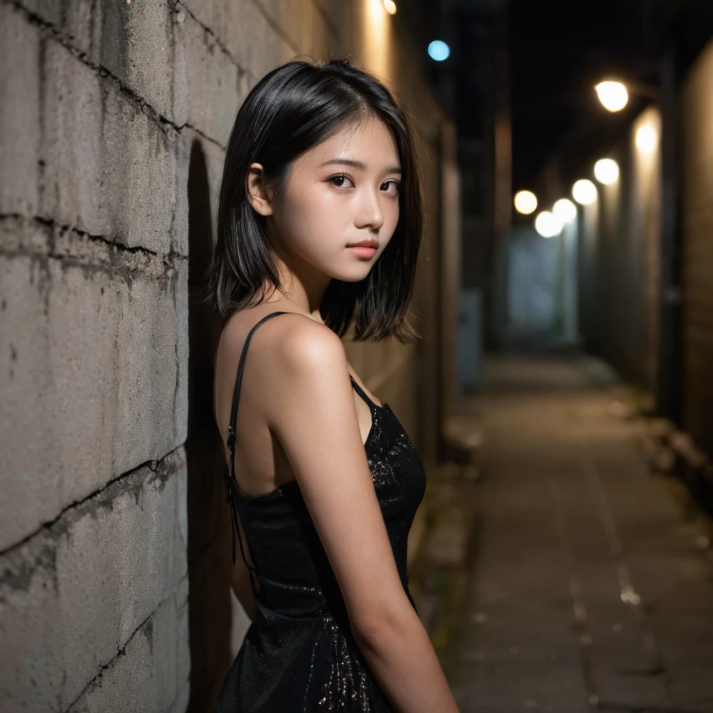 Yui, photo of female, age 15 year, black shoulder length hair with brown highlights; (dslr, ultra quality, film grain, Fujifilm XT3, crystal clear, 8K UHD, highly detailed glossy eyes, high detailed skin, skin pores); at night, back alley with concrete walls, distant light, squating, wearing mini tight black dress, side view, very tall heel