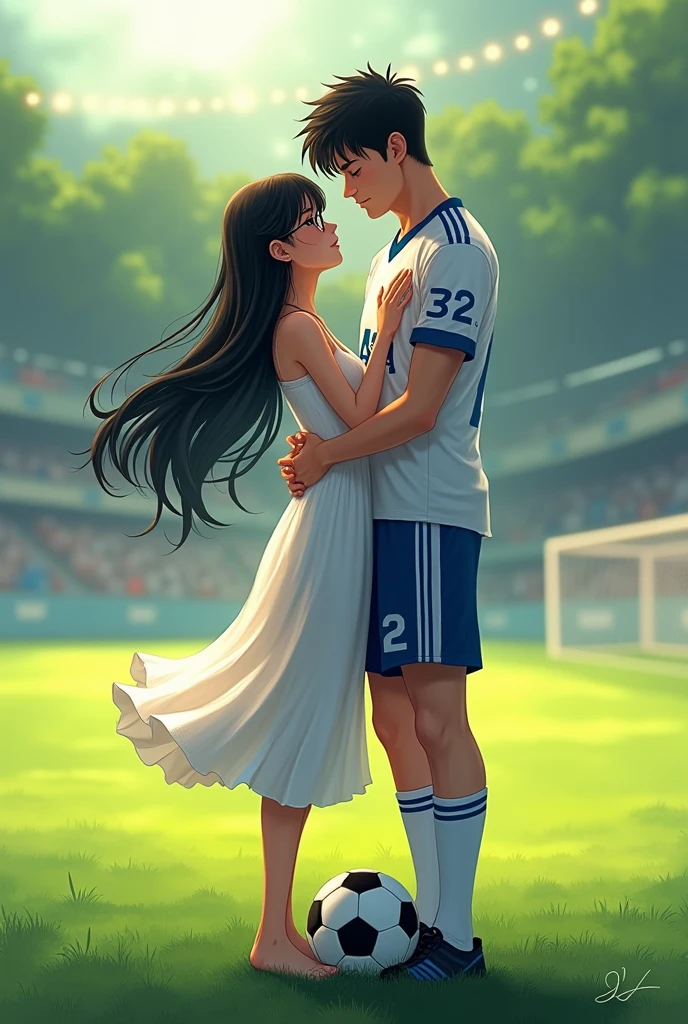 A woman and man standing in football ground looking at each lovingly and hugging each other.woman is wearing a dress and glasses.she has black hair .man is wearing a white and blue 32 number jersey. Man is 1 feet taller than girl. Man one foot standing on soccer ball