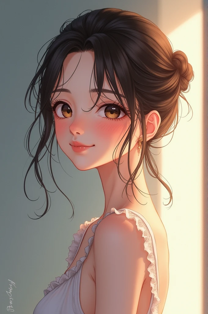 Beauty anime girl .9:16 rato.Stand up.Smile.Simple background.Realistic.