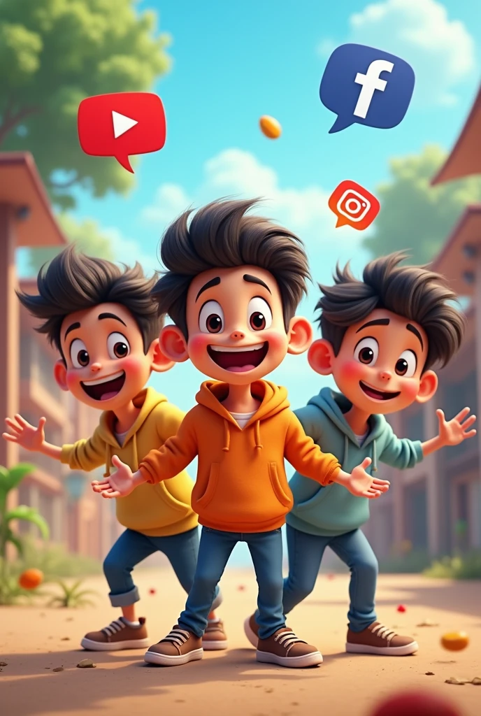 Make an animated image of a comedy content creator of three boys by the name of "Kalakari4fun" with YouTube Facebook and Instagram logo and social media logos also