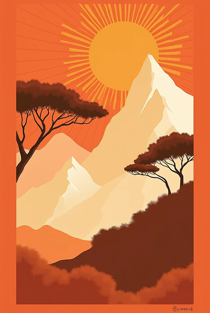poster design,Mountain,sun,wealth,Gold Tone,Illustration Design,Flat,abstract,Screen subject pull up