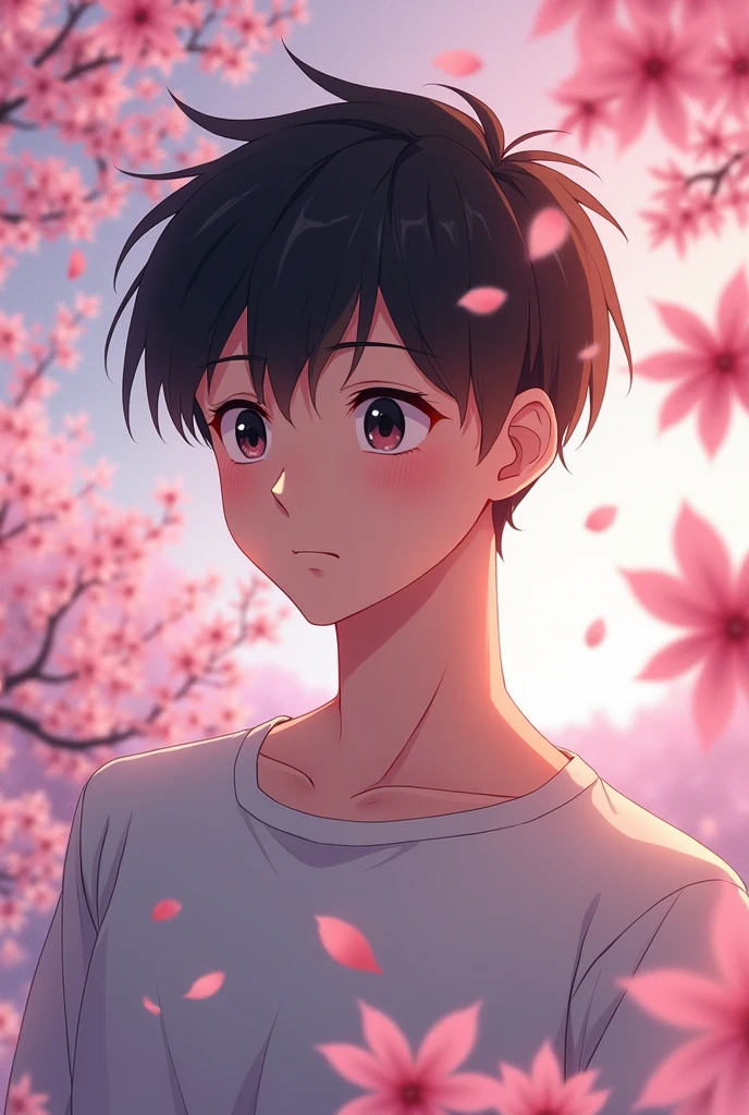 Anime, a young man with black hair and black eyes is falling in love.
