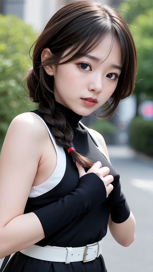 (beautiful japanese girl), (Highest quality,128k, masterpiece:1.55, photorealistic, hyperrealistic), 128k wallpaper, 
BREAK (Shot with Canon EOS 5D Mark 4 and Canon EF Lens 85mm F1.2L lens, F value 1.2, ISO 50, shutter speed 64),
 BREAK (beautifull, detailed face, detailed eyes), Ultra detailed face, Detailed lips, Detailed eyes, double eyelid,
Shigure Kai 3 KanColle Sleeveless Black Fingerless Gloves Black Skirt Braids