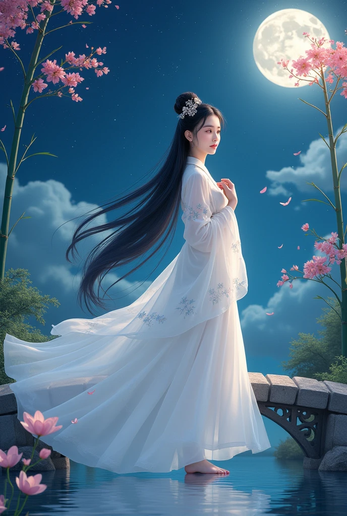 Tanabata night,Classical beauty under the moon。She is wearing a simple white dress,Skirt fluttering in the wind,Like a fairy descending to earth。The skirt is embellished with delicate plum blossom embroidery,Showing her elegance and gentleness。Her long black hair cascades down,Gently pull up with a lily hairpin,A few strands of hair fluttered in the wind,Add a touch of charm。
Her face is as beautiful as a flower,Skin as white as snow,The eyes are as clear as water,Revealing endless tenderness and wisdom。she smiles a little,The corners of my mouth are like buds about to bloom,Like a lotus under the moon。There is a trace of sadness between the eyebrows,As if missing a lover far away。
She stands on an old stone bridge,Water gurgles under the bridge,Reflecting her shadow。Beautiful flowers blooming beside the bridge.,Floral fragrance overflowing,it seems to tell the beautiful legend of the Qixi Festival。in the sky,Twinkling stars,Galactic Belt,Telling the story of the Cowherd and the Weaver Girl。
In the hand,She gently held the guqin,Just flick your fingertips,The piano sounds melodious and beautiful,Like crying,Telling her longing and expectation for。behind her,A bamboo forest can be vaguely seen,Bamboo leaves rustling in the wind,As if accompanying her on the piano。
This classical beauty,it's like a fairy in a picture,Fresh and exquisite,it's fascinating at first sight。Her beauty is not only in appearance,it'More affectionate and poetic,就像Tanabata night,romantic and fantastic。