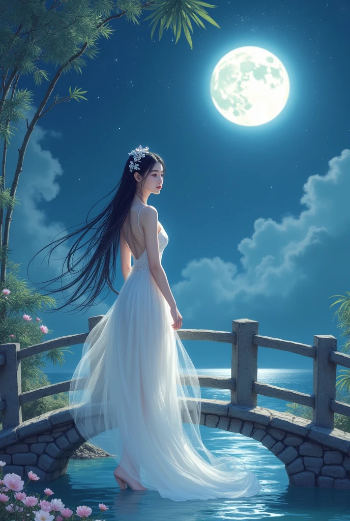 Tanabata night,Classical beauty under the moon。She is wearing a simple white dress,Skirt fluttering in the wind,Like a fairy descending to earth。The skirt is embellished with delicate plum blossom embroidery,Showing her elegance and gentleness。Her long black hair cascades down,Gently pull up with a lily hairpin,A few strands of hair fluttered in the wind,Add a touch of charm。
Her face is as beautiful as a flower,Skin as white as snow,The eyes are as clear as water,Revealing endless tenderness and wisdom。she smiles a little,The corners of my mouth are like buds about to bloom,Like a lotus under the moon。There is a trace of sadness between the eyebrows,As if missing a lover far away。
She stands on an old stone bridge,Water gurgles under the bridge,Reflecting her shadow。Beautiful flowers blooming beside the bridge.,Floral fragrance overflowing,it seems to tell the beautiful legend of the Qixi Festival。in the sky,Twinkling stars,Galactic Belt,Telling the story of the Cowherd and the Weaver Girl。
In the hand,She gently held the guqin,Just flick your fingertips,The piano sounds melodious and beautiful,Like crying,Telling her longing and expectation for。behind her,A bamboo forest can be vaguely seen,Bamboo leaves rustling in the wind,As if accompanying her on the piano。
This classical beauty,it's like a fairy in a picture,Fresh and exquisite,it's fascinating at first sight。Her beauty is not only in appearance,it'More affectionate and poetic,就像Tanabata night,romantic and fantastic。