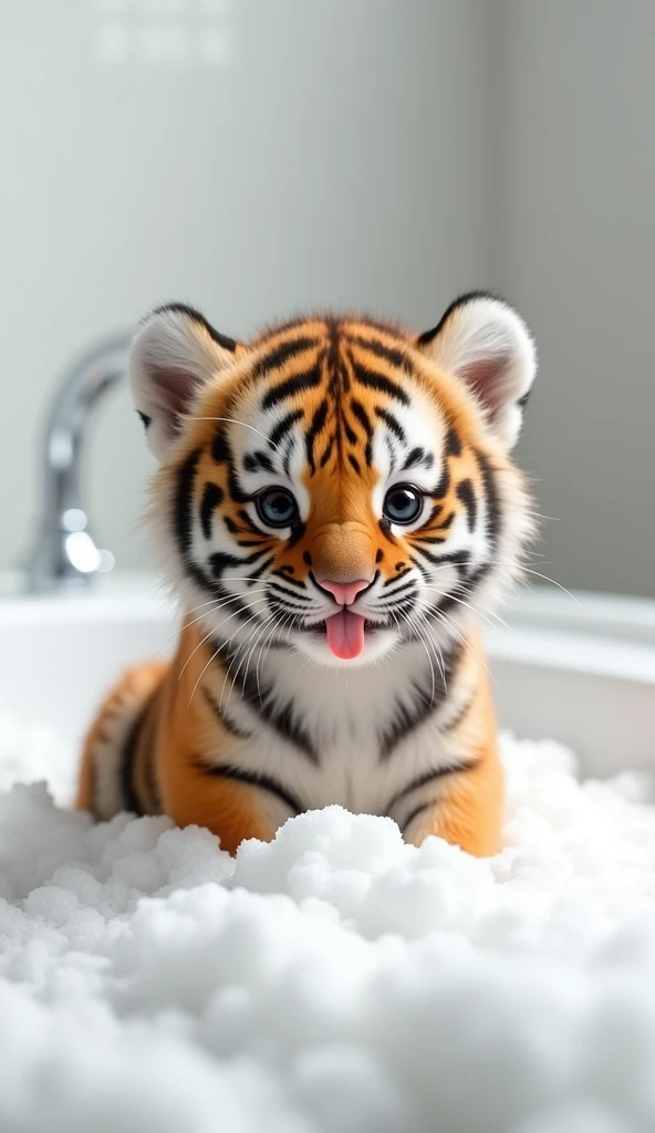A chubby and cute little tiger baby, Very fat,Big eyes, Cute and cuddly,Fluffy, Delicate and exquisite, Real little tiger,The expression is very cute and sticking out tongue is very cute,Play with real white foam in the bathroom,Pure white high-end bathroom background