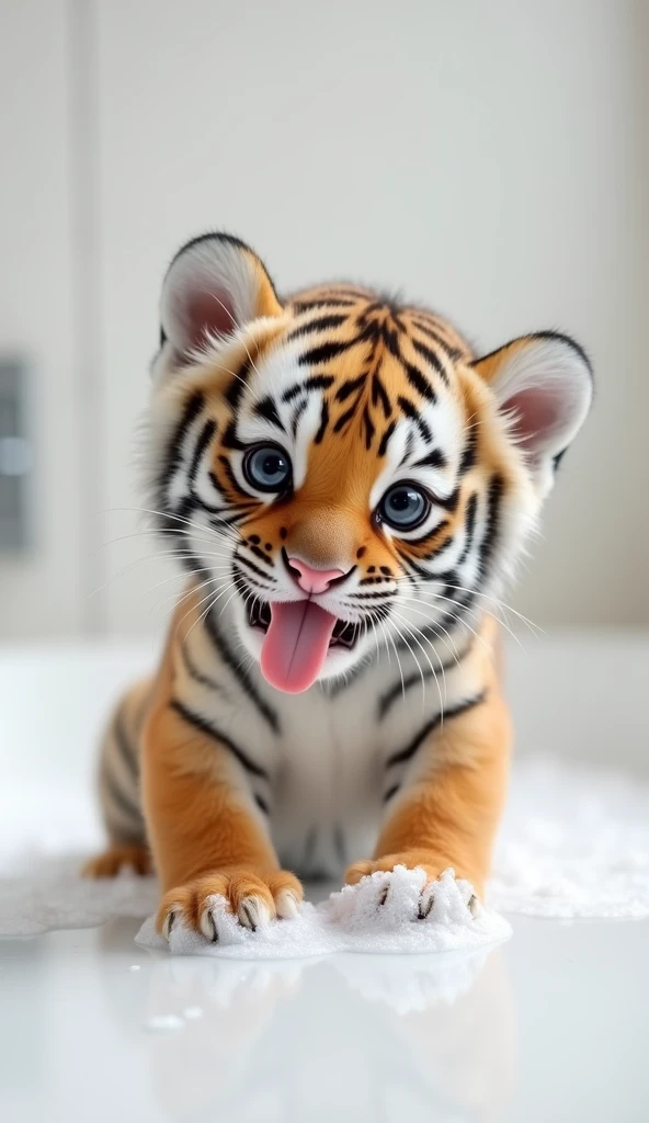 A chubby and cute little tiger baby, Very fat，Big eyes, Cute and cuddly，Fluffy, Delicate and exquisite, Real little tiger，The expression is very cute and sticking out tongue is very cute，Play with real white foam in the bathroom，Pure white high-end bathroom background