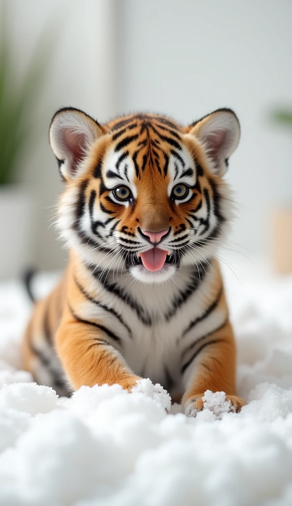 A chubby and cute  tiger baby,  fat，Big eyes, Cute and cuddly，Fluffy, Delicate and exquisite, Real little tiger，The expression is very cute and sticking out tongue is very cute，Play with real white foam in the bathroom，Pure white high-end bathroom background