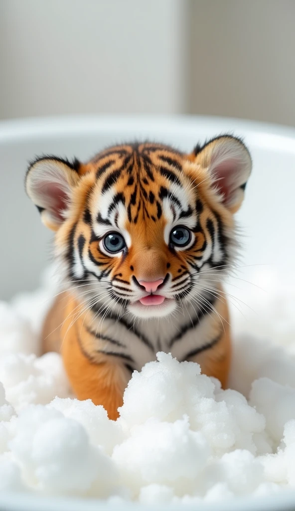 A chubby and cute  tiger baby,  fat，Big eyes, Cute and cuddly，Fluffy, Delicate and exquisite, Real little tiger，The expression is very cute and sticking out tongue is very cute，Play with real white foam in the bathroom，Pure white high-end bathroom background