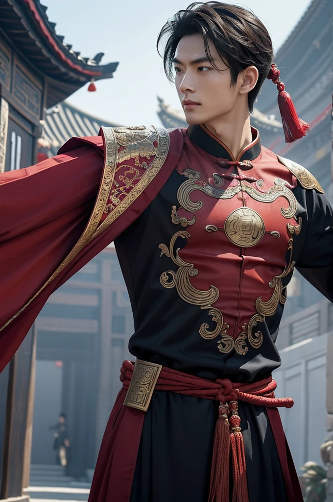 "Create an image of a heroic Spider-Man from the Ming Dynasty in ancient China. He wears a Spider-Man suit inspired by Ming Dynasty design, featuring intricate Chinese patterns and traditional armor elements. The suit blends deep red and gold colors, with flowing silk and armor plating that reflects the era's elegance. He carries a sleek, elegant Chinese sword with Wuxia features—a long, slender blade emitting a powerful, mystical aura, with intricate carvings and a tassel attached to the hilt, slung across his back. The mask only covers the top part of his head and eyes, leaving the mouth exposed, seamlessly blending with the Ming Dynasty aesthetic. He stands in a powerful, heroic pose, surrounded by a glowing, intense aura that radiates strength and energy, with the majestic architecture of ancient China in the background, evoking a sense of honor, tradition, and the epic fantasy of Wuxia tales." carrying a Chinese Jian sword on his back ((Chinese jian sword : 1.2)), the spiderman mask only covers the top face but reveals the bottom half
