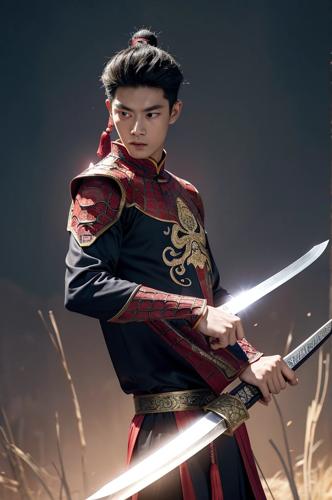 "Create an image of a heroic Spider-Man from the Ming Dynasty in ancient China. He wears a Spider-Man suit inspired by Ming Dynasty design, featuring intricate Chinese patterns and traditional armor elements. The suit blends deep red and gold colors, with flowing silk and armor plating that reflects the era's elegance. He carries a sleek, elegant Chinese sword with Wuxia features—a long, slender blade emitting a powerful, mystical aura, with intricate carvings and a tassel attached to the hilt, slung across his back. The mask only covers the top part of his head and eyes, leaving the mouth exposed, seamlessly blending with the Ming Dynasty aesthetic. He stands in a powerful, heroic pose, surrounded by a glowing, intense aura that radiates strength and energy, with the majestic architecture of ancient China in the background, evoking a sense of honor, tradition, and the epic fantasy of Wuxia tales." carrying a Chinese Jian sword on his back ((Chinese jian sword : 1.2)), the spiderman mask only covers the top face but reveals the bottom half