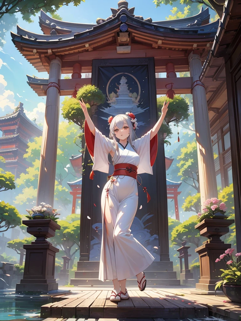 Magnificent View、Floating Island、Hanging Garden、Outdoor、High definition、Holy Maiden、Shrine maiden、With many flowers blooming、Silver Hair(The top of the head is indigo blue、The ends of the hair are red.)、whole body、Jade Eyes、Dance dedicated to the gods、Votive dance