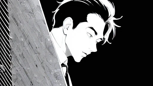 (((Black and white illustration with converging lines)))、(((Young handsome man with surprised face))),profile、