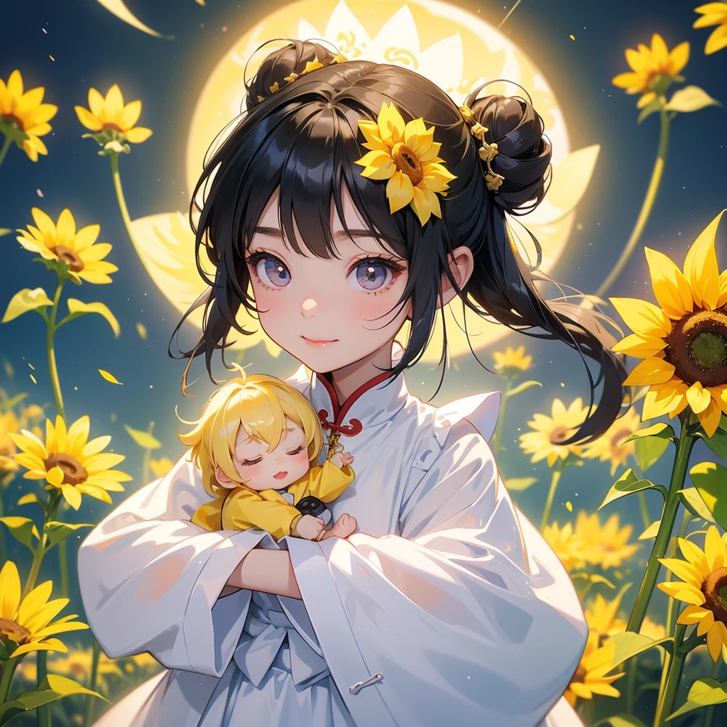 A chibi child girl had a small face and Wearing white little Taoist priest's outfit. A pair of big round eyes shone with curiosity about him. This child was so cute, Strolling among the sunflower fields Glowing yellow.
her hair is black with two buns on her hair.small chibi, chibi baby, smiling ,Chibi.