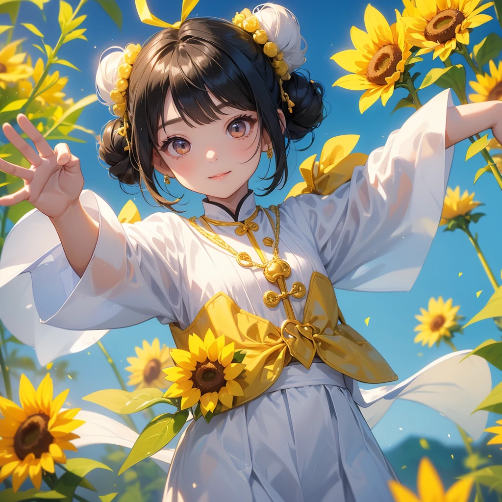 A chibi child girl had a small face and Wearing white little Taoist priest's outfit. A pair of big round eyes shone with curiosity about him. This child was so cute, Strolling among the sunflower fields Glowing yellow.
her hair is black with two buns on her hair.small chibi, chibi baby, smiling ,Chibi.