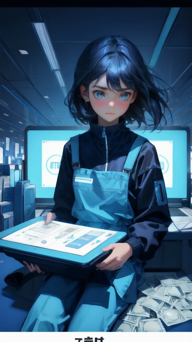 Create an image with a blue-themed background, featuring a cute girl sitting on the ground, using a laptop with a frustrated expression, as if she is 'stuck in a transaction.' The girl should be surrounded by spreading coins and money, with a few coins in mid-air, adding to the chaotic atmosphere. The overall style should be glossy and smooth, with the text 'Stuck in Transaction' prominently displayed to emphasize the theme. The image should convey the feeling of being trapped in a slow or stalled process, with the same emotional tone and visual appeal as the original image.