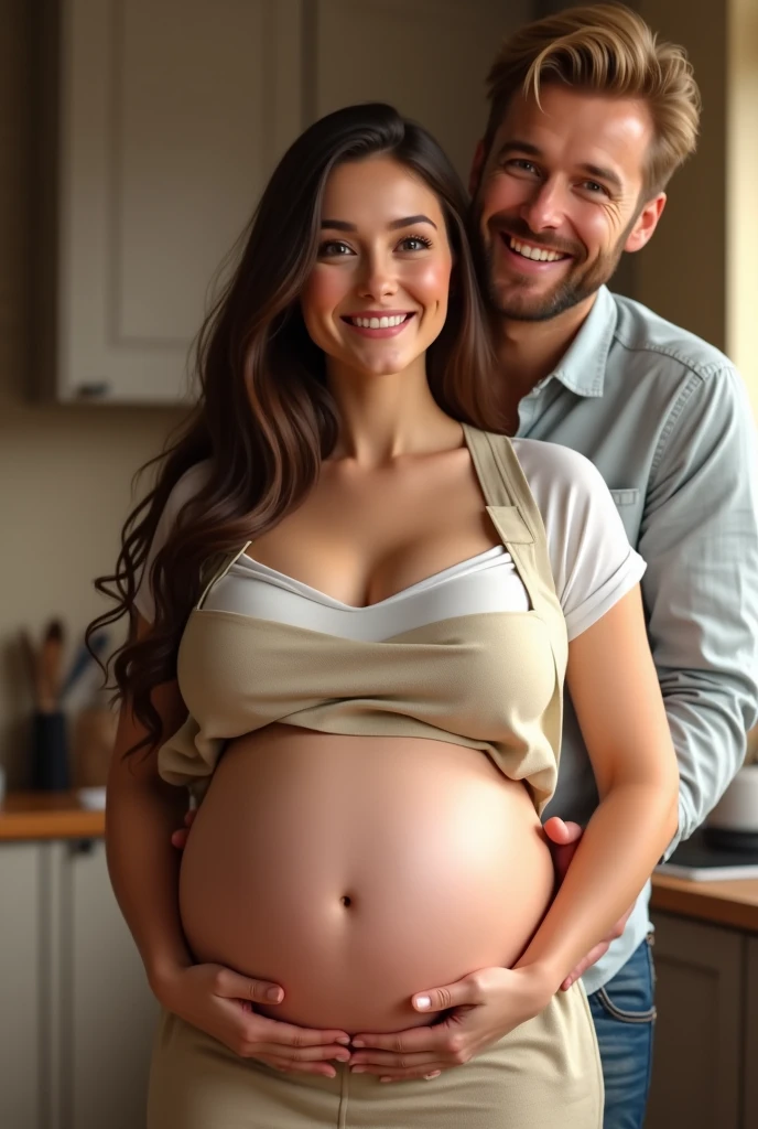 Pregnant woman,  of pregnancy, brunett, straight hair, has apron, in apron has huge boops, huge boops size F, gigant boops, boops are bigger than her belly, she is laughing, behind her man, he is blond, has small eyes, no beard, he is smiling, has hands around pregnant belly