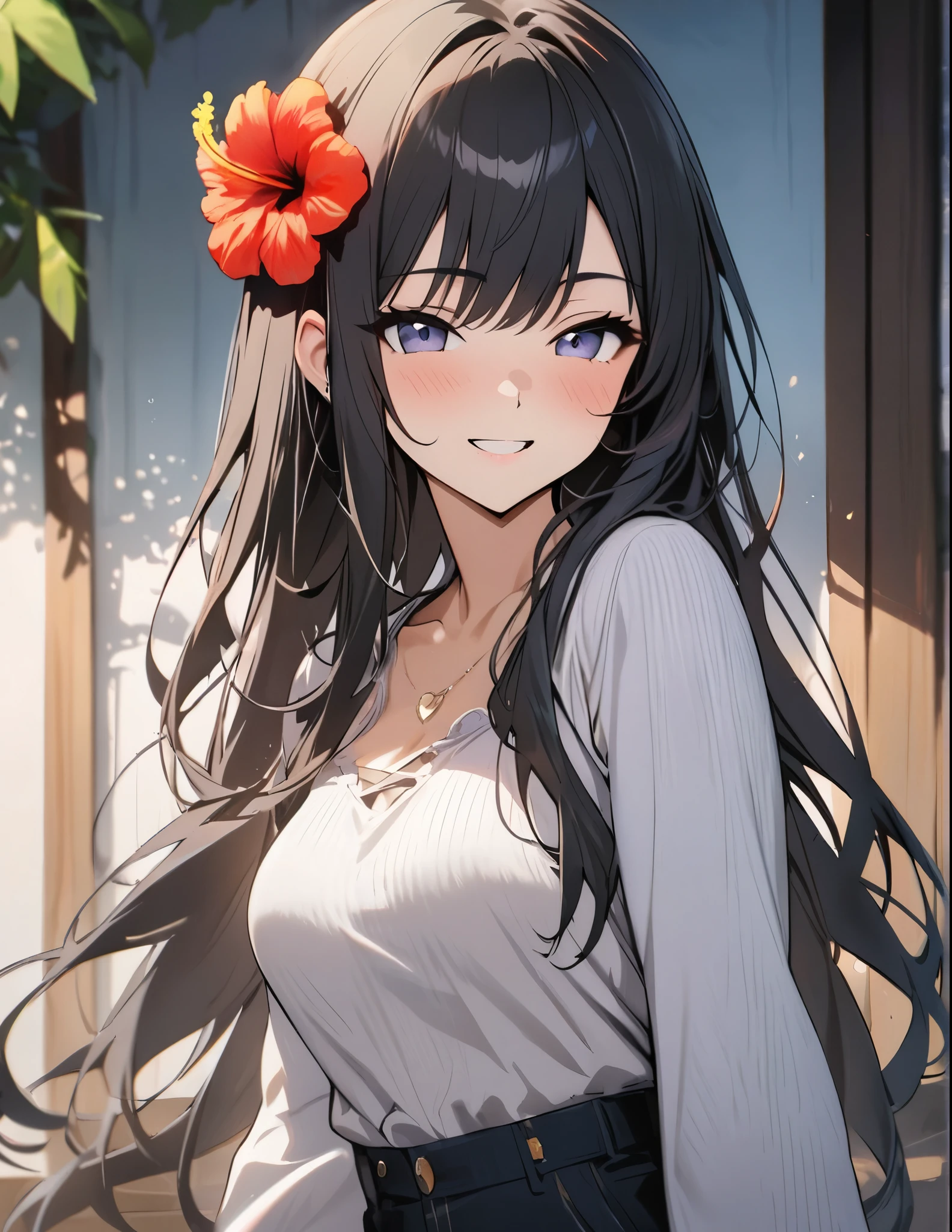 One person, Long Hair, smile, Black Hair, hibiscus, masterpiece,