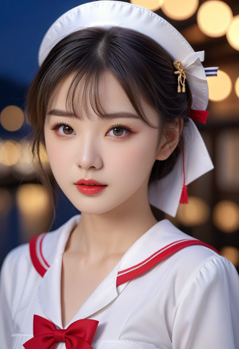Japanese、Sailor suit、a beautiful young woman, detailed eyes, elegant lips, luscious eyelashes, exquisite skin with realistic sheen and lighting, perfect anatomical features, elaborately decorated outfit, detailed romantic background, 1girl, shallow depth of field, best quality, 4K, 8k, highres, masterpiece, ultra-detailed, realistic, photorealistic, photo-realistic, HDR, uhd, studio lighting, ultra-fine painting, sharp focus, physically-based rendering, extreme detail description, professional, vivid colors, bokeh