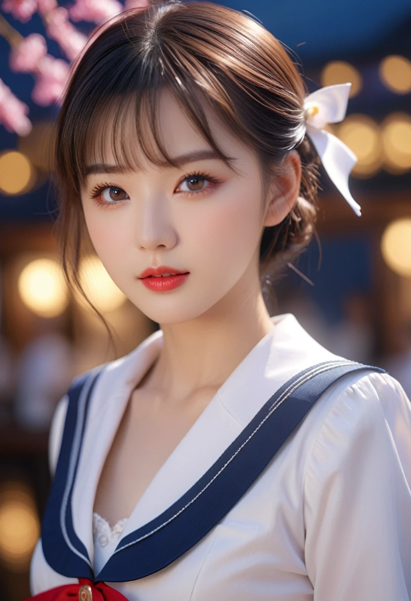 Japanese、Sailor suit、a beautiful young woman, detailed eyes, elegant lips, luscious eyelashes, exquisite skin with realistic sheen and lighting, perfect anatomical features, elaborately decorated outfit, detailed romantic background, 1girl, shallow depth of field, best quality, 4K, 8k, highres, masterpiece, ultra-detailed, realistic, photorealistic, photo-realistic, HDR, uhd, studio lighting, ultra-fine painting, sharp focus, physically-based rendering, extreme detail description, professional, vivid colors, bokeh
