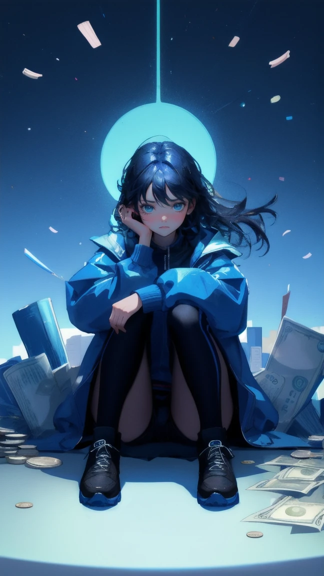 Create an image with a blue-themed background, featuring a cute girl sitting on the ground, using a laptop with a frustrated expression, as if she is 'stuck in a transaction.' The girl should be surrounded by spreading coins and money, with a few coins in mid-air, adding to the chaotic atmosphere. The overall style should be glossy and smooth, with the text 'Stuck in Transaction' prominently displayed to emphasize the theme. The image should convey the feeling of being trapped in a slow or stalled process, with the same emotional tone and visual appeal as the original image.