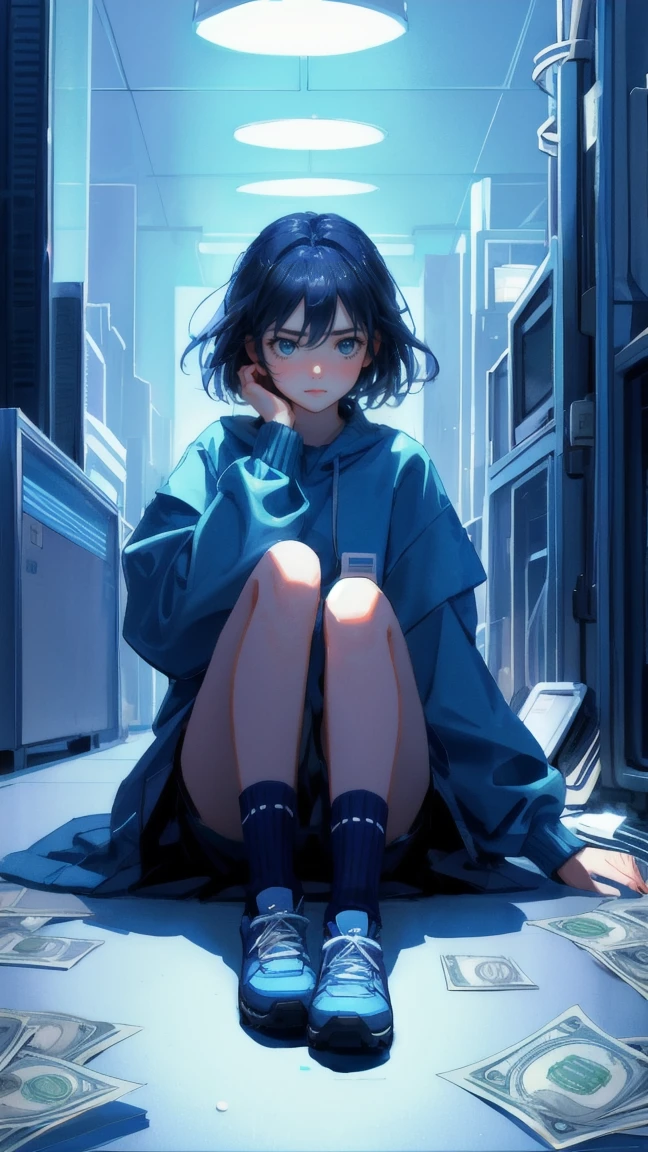 Create an image with a blue-themed background, featuring a cute girl sitting on the ground, using a laptop with a frustrated expression, as if she is 'stuck in a transaction.' The girl should be surrounded by spreading coins and money, with a few coins in mid-air, adding to the chaotic atmosphere. The overall style should be glossy and smooth, with the text 'Stuck in Transaction' prominently displayed to emphasize the theme. The image should convey the feeling of being trapped in a slow or stalled process, with the same emotional tone and visual appeal as the original image.