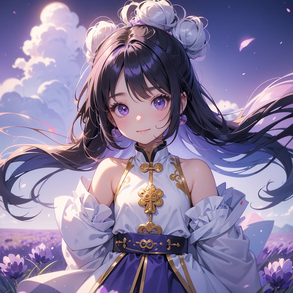 A chibi girl had a small face and Wearing white little Taoist priest's outfit. A pair of big round eyes shone with curiosity about him. This childso cute, Stroll among the purple lavender fields , There are some floating clouds.
her hair is black with two buns on her hair.small chibi, chibi baby, smil,Chibi.