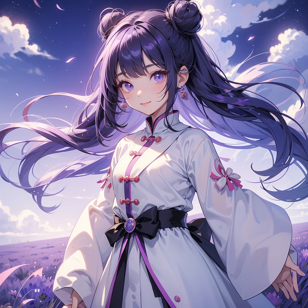 A chibi child girl had a small face and Wearing white little Taoist priest's outfit. A pair of big round eyes shone with curiosity about him. This child was so cute, Stroll among the purple lavender fields , There are some floating clouds.

her hair is black with two buns on her hair.small chibi, chibi baby, smiling ,Chibi.

