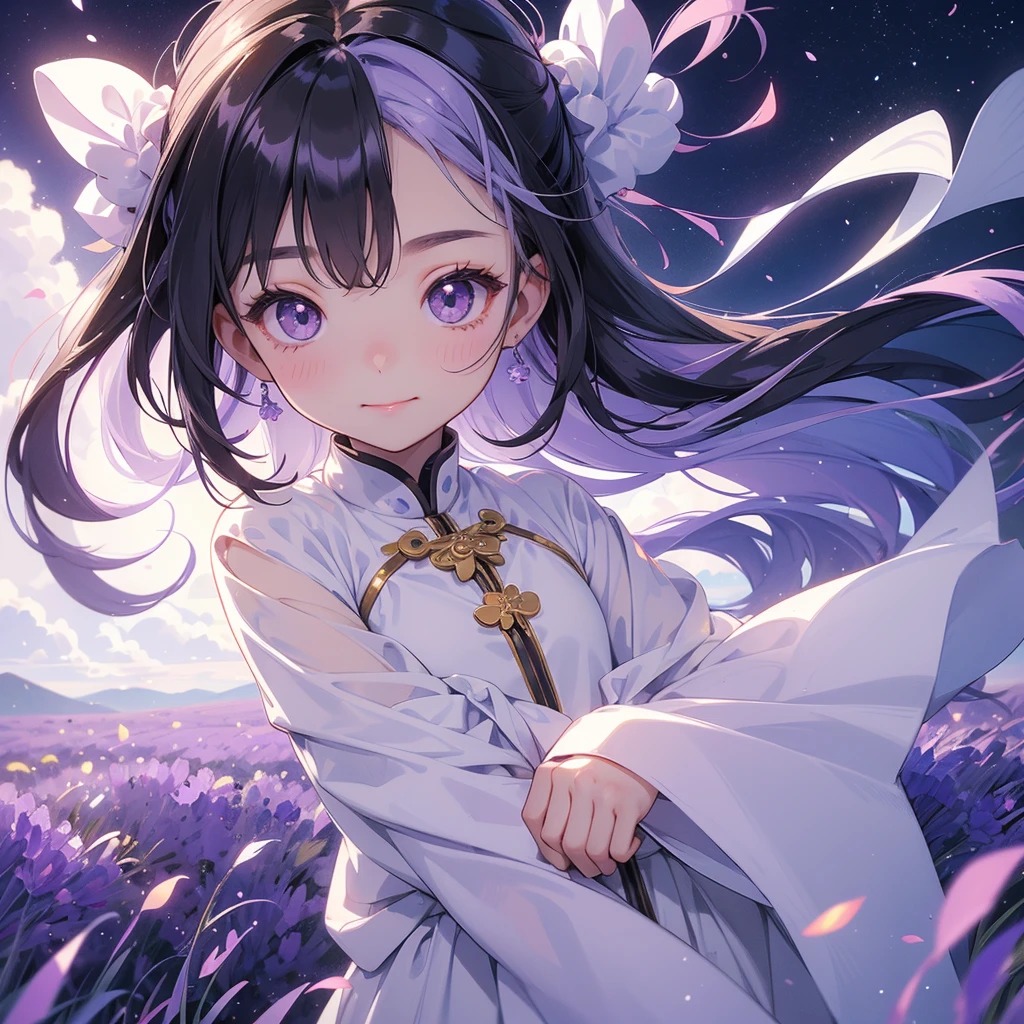 A chibi child girl had a small face and Wearing white little Taoist priest's outfit. A pair of big round eyes shone with curiosity about him. This child was so cute, Stroll among the purple lavender fields , There are some floating clouds.

her hair is black with two buns on her hair.small chibi, chibi baby, smiling ,Chibi.

