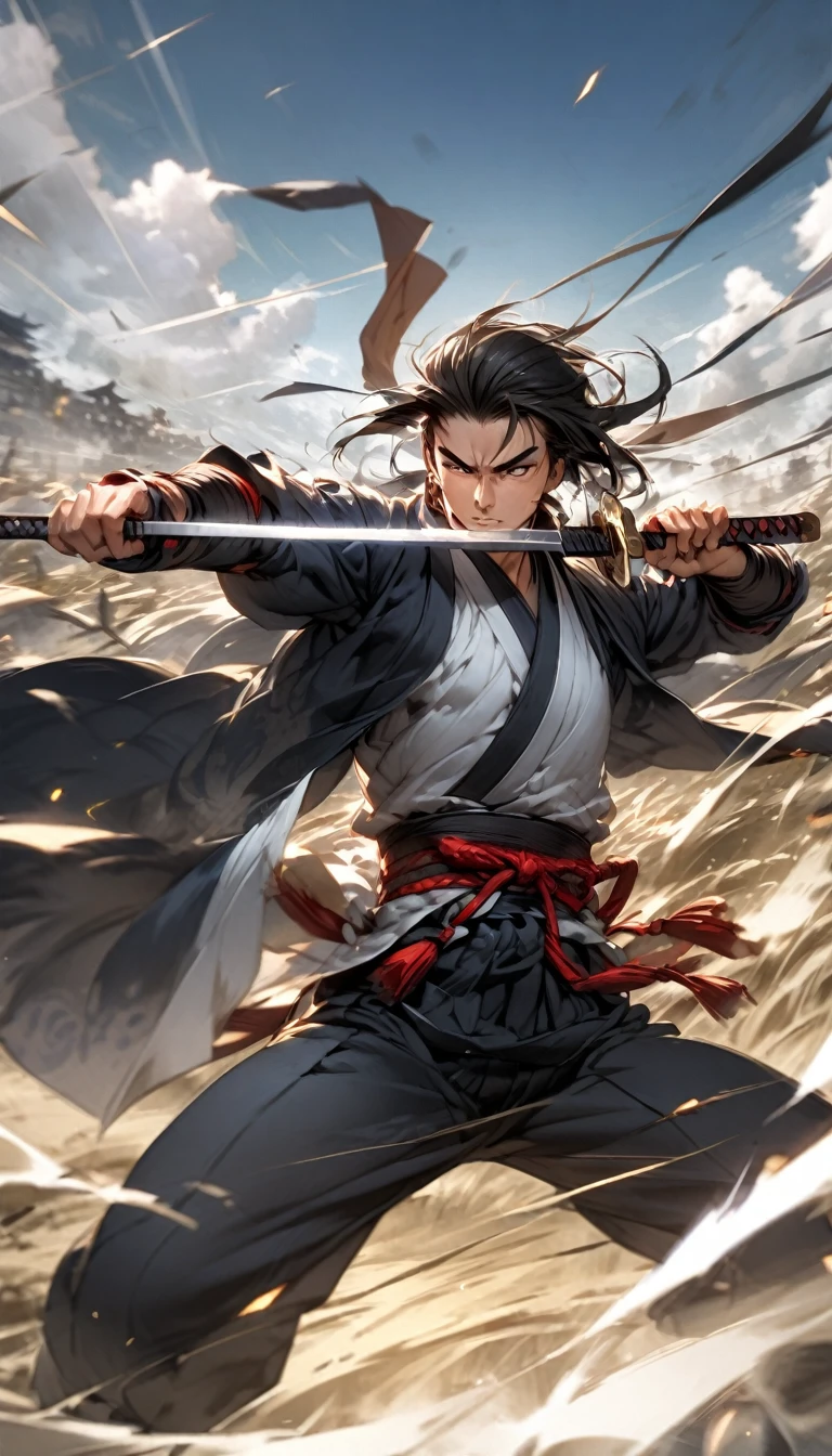 "A samurai in mid-action, performing a swift katana strike in an open field. The sky is clear, and the scene is filled with a sense of focus and determination."