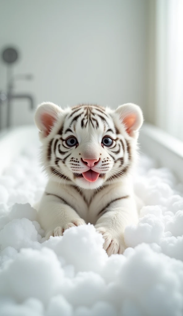 A fat, white and cute little tiger baby, Very fat,Big eyes, Cute and cuddly,Fluffy, Delicate and exquisite, Real little tiger,The expression is very cute and sticking out tongue is very cute,Play with real white foam in the bathroom,Pure white high-end bathroom background