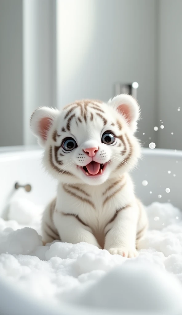 A fat, white and cute little tiger baby, Very fat,Big eyes, Cute and cuddly,Fluffy, Delicate and exquisite, Real little tiger,The expression is very cute and sticking out tongue is very cute,Play with real white foam in the bathroom,Pure white high-end bathroom background