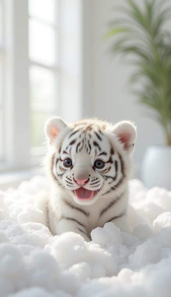 A fat, white and cute little tiger baby, Very fat，Big eyes, Cute and cuddly，Fluffy, Delicate and exquisite, Real little tiger，The expression is very cute and sticking out tongue is very cute，Play with real white foam in the bathroom，Pure white high-end bathroom background