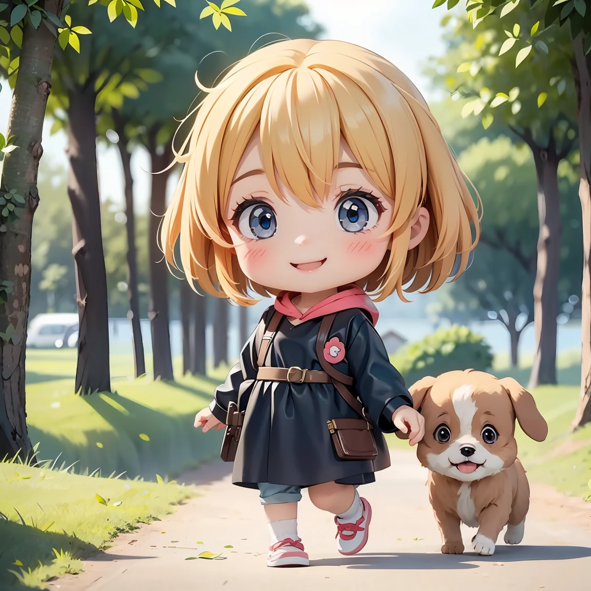 Super Chibi Character：1.8、Blonde Hair、Cute 7 year old girl、Super Chibi Character：1.8、Super Smile、smile、Walking with a dog