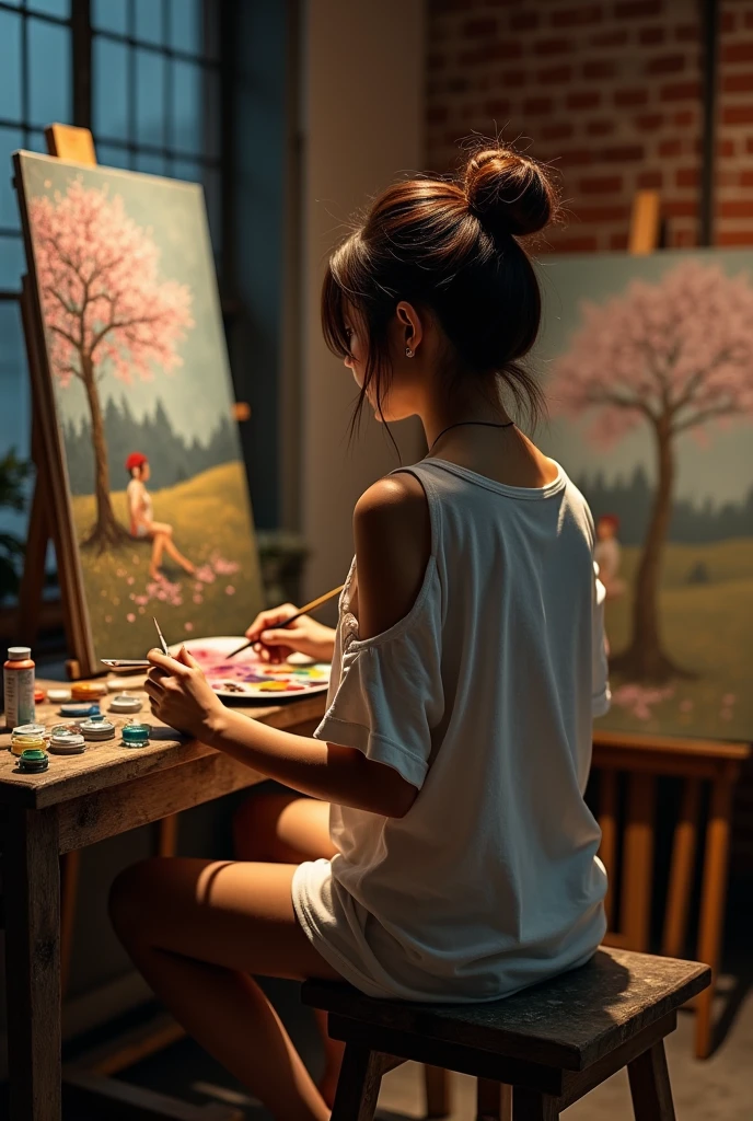 Tanned japanese beautiful tanned japanese woman, Her hair was in a ((messy loose bun up with hairpin from painting brush)), with brownish highlights, the woman was wearing an old white loose t-shirt ((You can see her beautiful right shoulders)) Shirt with stains from oil paint, ((her beautiful calf bent seen)), she is sitting with her back to the camera so that the back of her neck could be seen beautifully. ((she is sitting on an old wooden stole and rusty)), ((in a lazy painting position)) holding a palette and brush, there was also ((a brush sticks in her messy bun)). she sits with her left leg bent and tread on the stole, and her hand seemed to be painting on the canvas. ((In the unfinished painting, a man and woman are depicted under a fallen cherry tree in Van Gogh's style)). She is painting in an industrial style room with red brick wall, dim light, with tubes of oil paint scattered on the table and brushes in glasses, canvasses in some random sizes. The photo is taken from her back, focused on the painting, Over-the-shoulder shots, ((dim light)), ((dark night nuance)) night night night ((romantic nuance)) ultimate photorealistic.