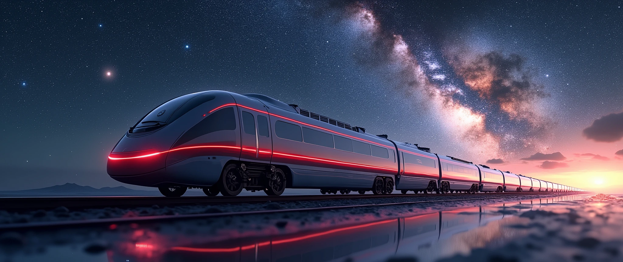 train-shaped spaceship,10-car train,(beautiful機体:2.0),(background is outer space and the Milky Way:1.6),masterpiece,best quality,Ultra-high resolution,(Very detailed),8K,Practical,Best aesthetics,beautiful,(Dynamic)