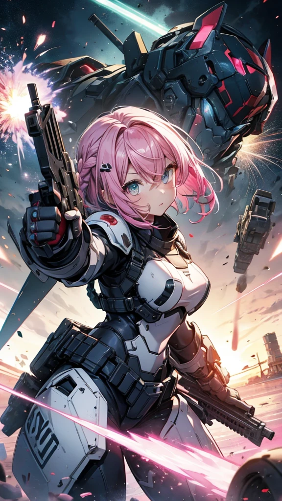 Girl、cute、soldier、Heavy equipment、rifle、gun、Rocket Launcher、Heavily armed、Mecha body、Strengthen the outer frame、Random cool poses、Pink Hair、Bob Hair、Braid、Big eyes、Close your mouth、battlefield、Exploding Background、Beautiful depiction、gun弾が飛び交う、Near future、Body Armor、shield