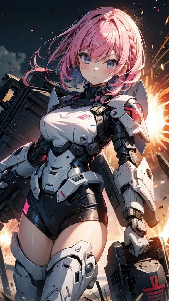 Girl、cute、soldier、Heavy equipment、rifle、gun、Rocket Launcher、Heavily armed、Mecha body、Strengthen the outer frame、Random cool poses、Pink Hair、Bob Hair、Braid、Big eyes、Close your mouth、battlefield、Exploding Background、Beautiful depiction、gun弾が飛び交う、Near future、Body Armor、shield