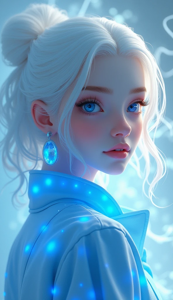 Create a 3D illustration of a 25 year old girl pure devine White skin, wearing a blue jacket with glowing color, smoke artistically forming a frame edit Photoshop Computer named, style, detailed face, focus on face, 8K