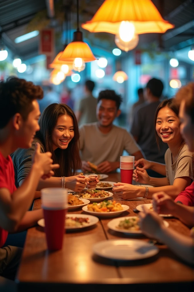 A group of friends having lunch at mamak, one of thhem ordering from the staff.
