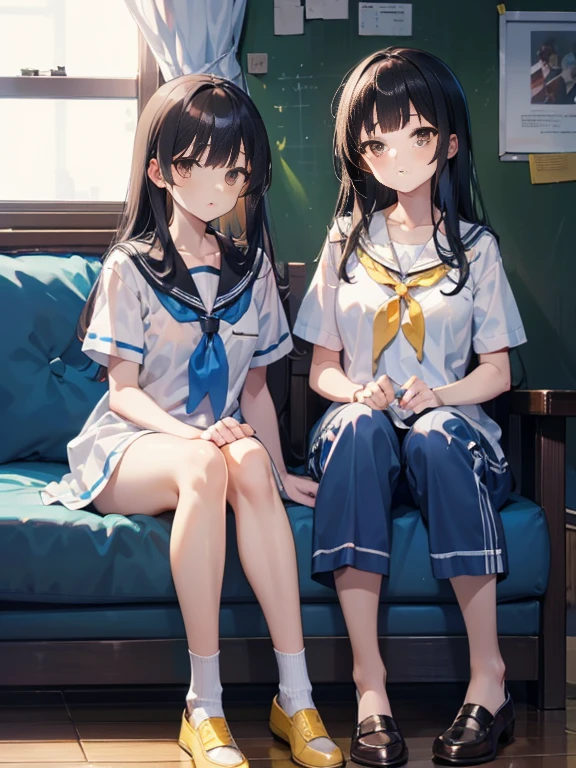 kaju nukumizu, long hair, black hair, blunt bangs, brown eyes, school uniform, serafuku, short sleeves, white shirt, yellow neckerchief, white dress, yellow socks, brown footwear, pajamas, collarbone, blue shirt, short sleeves, blue pants, long pants