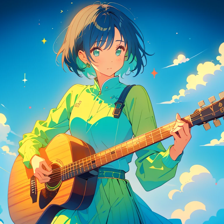 30-year-old woman、short hair、Look diagonally forward、Long sleeve、Acoustic guitar、green